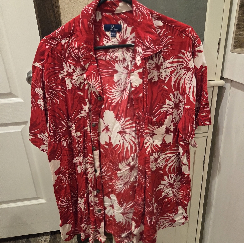 George Red and White Floral Casual Button Down Shirt